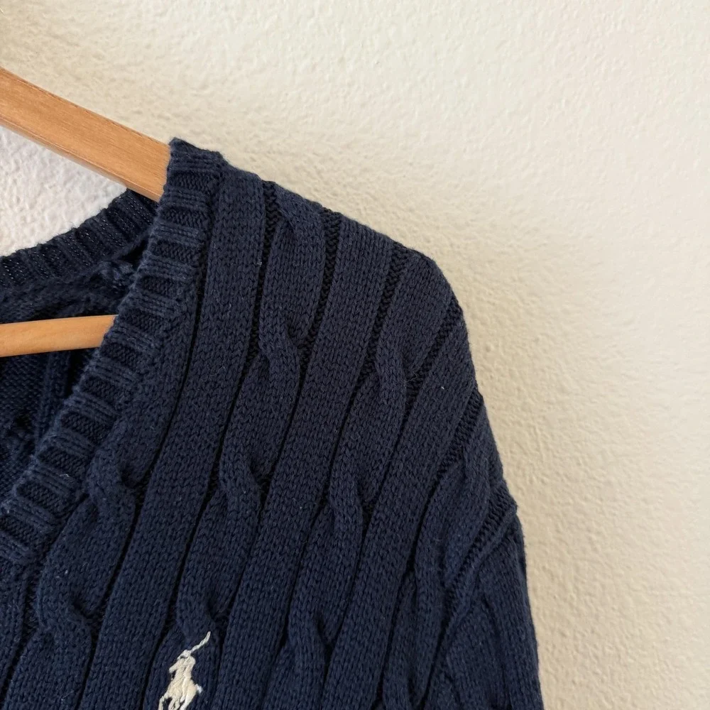Polo Ralph Lauren Cable Knit Sweater Mens 2XL (Fits M) Navy V Neck Preppy
